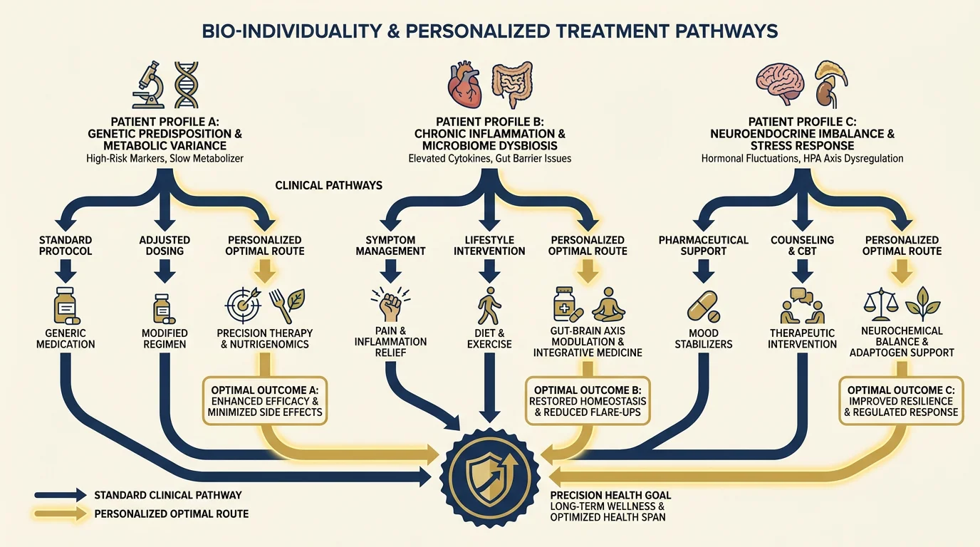 Diagram illustrating bio-individuality: why one-size-fits-all treatment protocols fail across different patients.