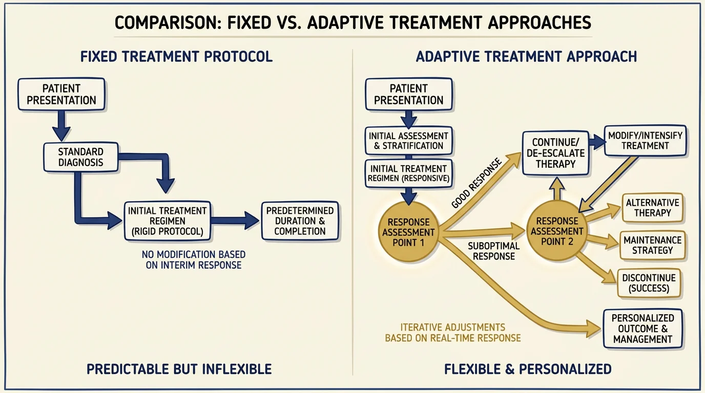 Diagram comparing a fixed treatment protocol with an adaptive treatment approach.