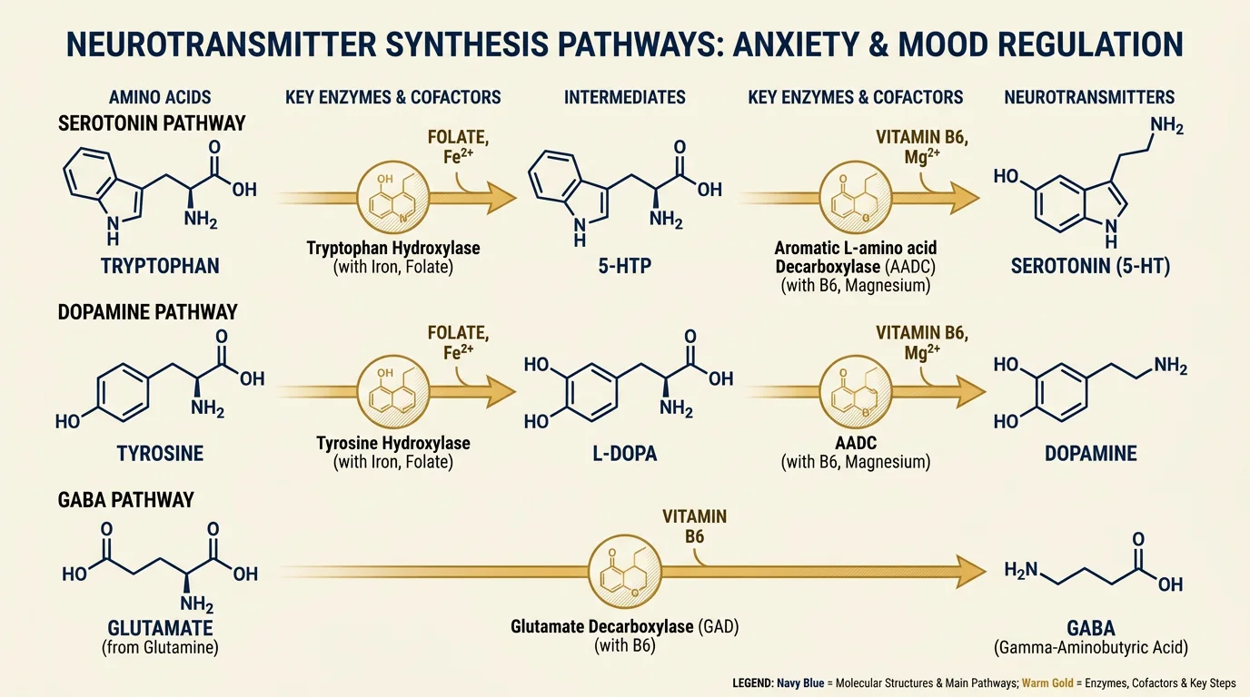 Diagram illustrating neurotransmitter synthesis and its link to anxiety.