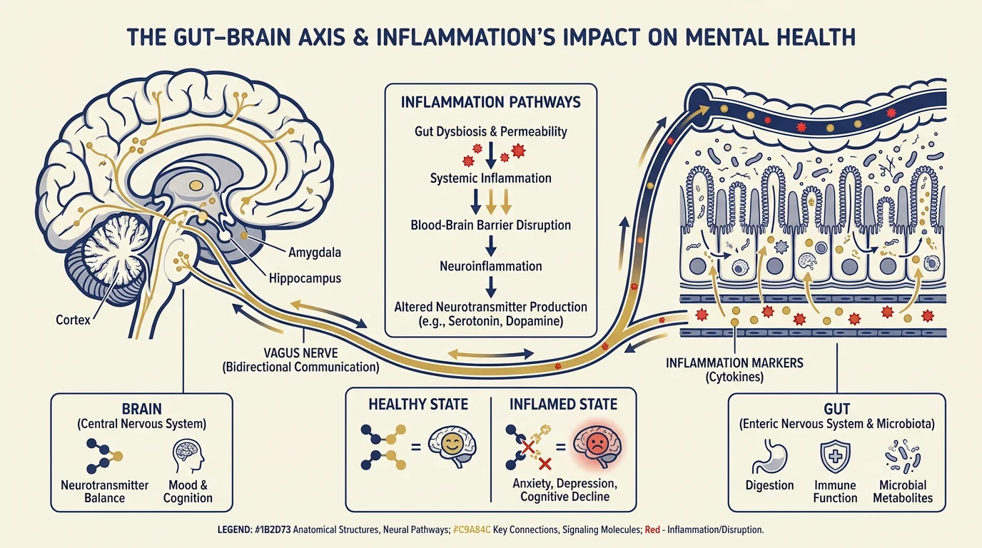Diagram illustrating the gut-brain axis and its link to anxiety.