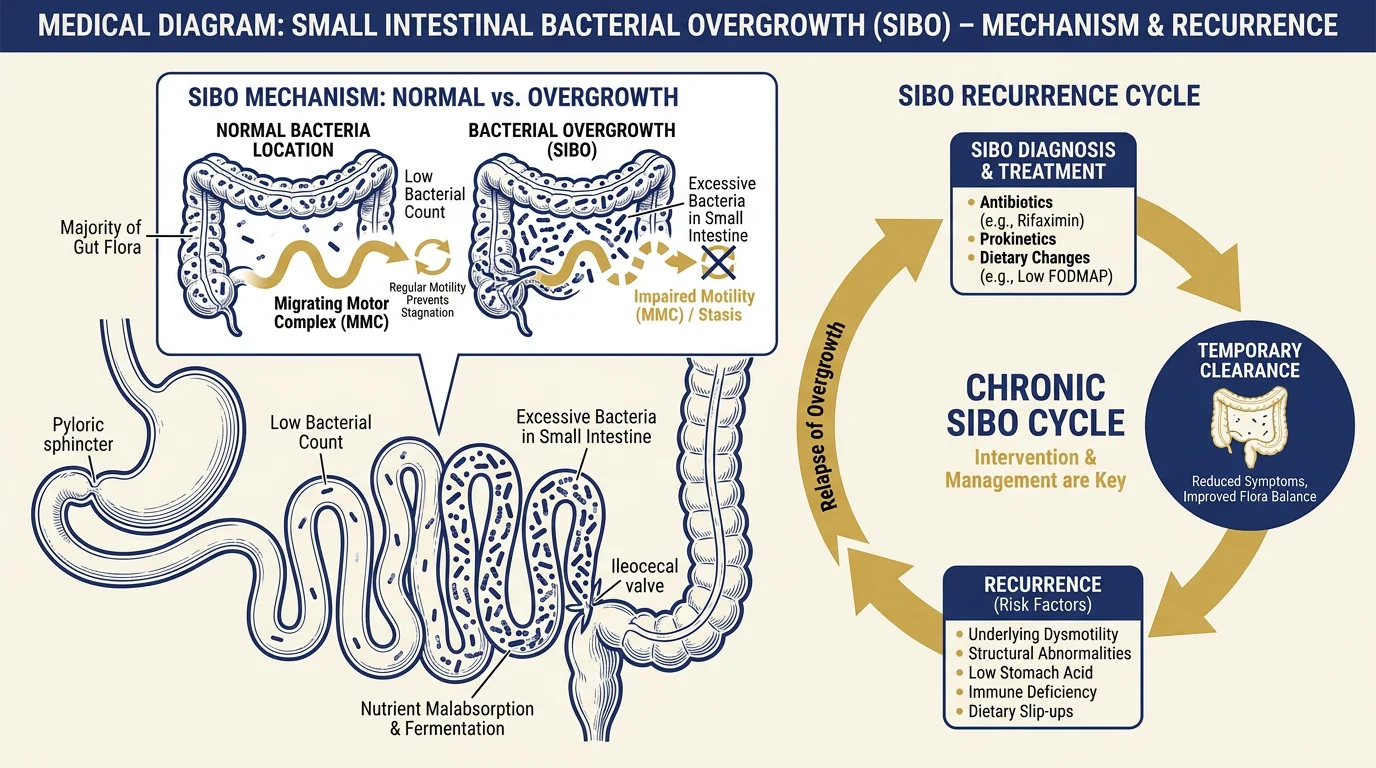 Diagram illustrating the mechanism behind SIBO recurrence.