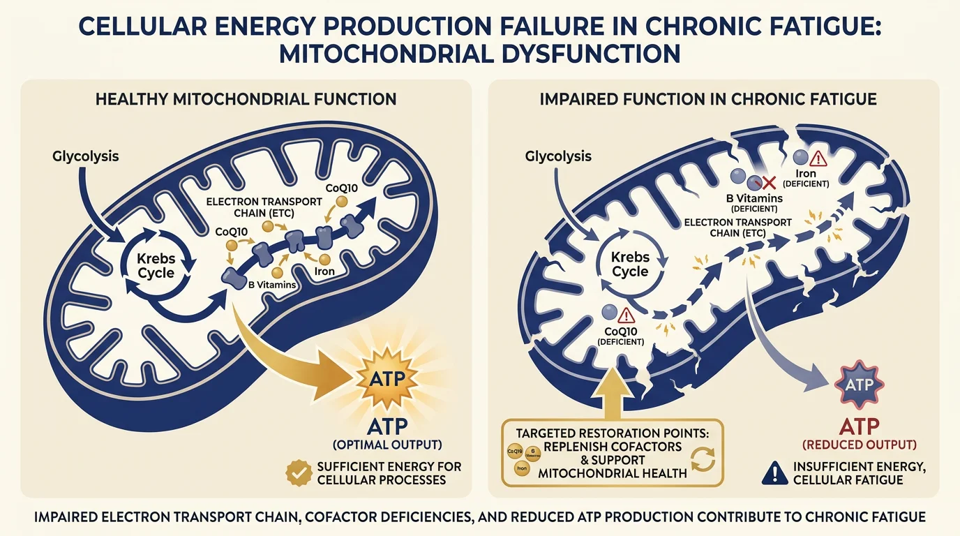 Diagram illustrating mitochondrial dysfunction in chronic fatigue.