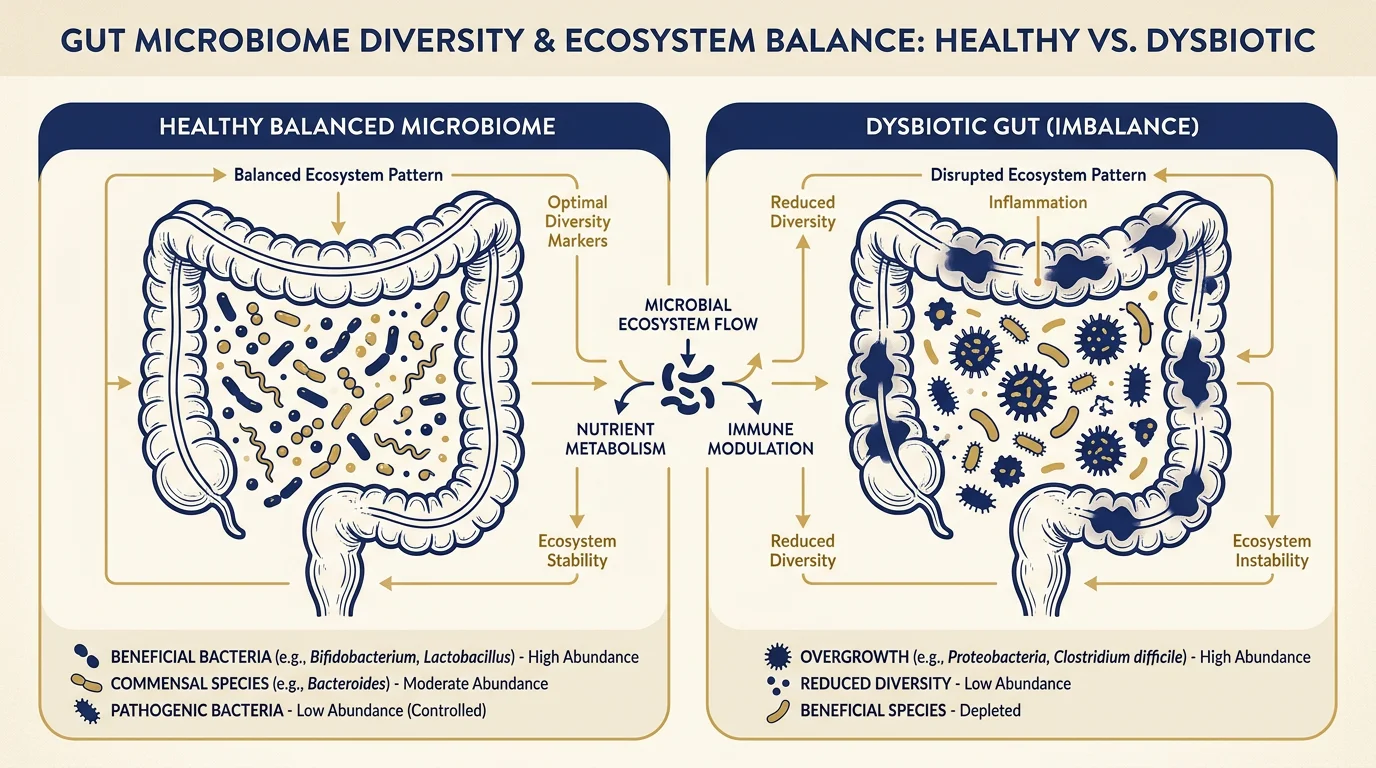 Diagram illustrating microbiome diversity in gut health.