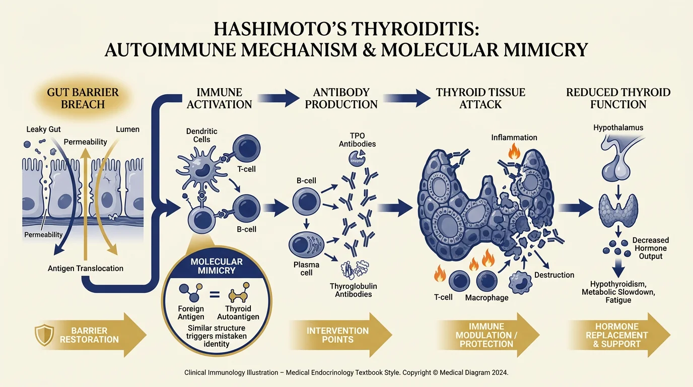 Diagram illustrating the mechanism behind Hashimoto's thyroiditis.