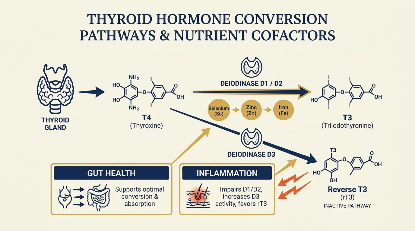 Diagram illustrating T4 to T3 thyroid hormone conversion.